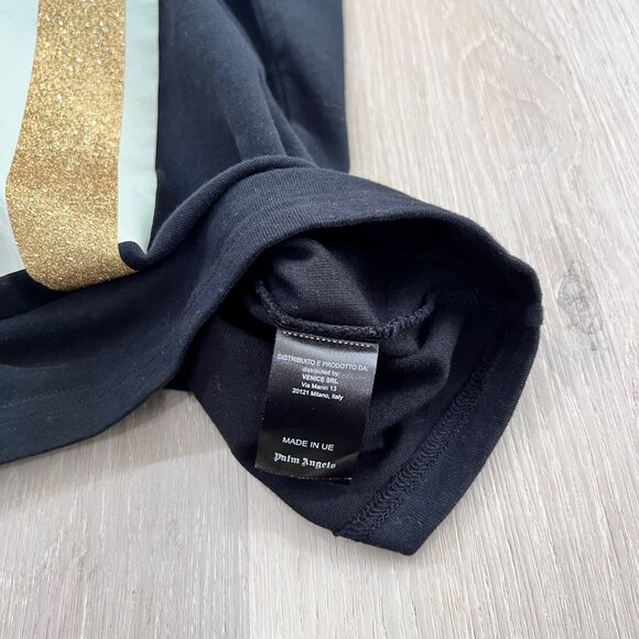 Palm Angels Palm Tree Photo Gold Glittery Stripes Black Tshirt - Picture 5 of 6